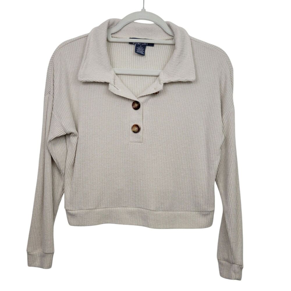 Lark + Grey Cream Ribbed Collar Cropped Long Sleeve Top Size Small